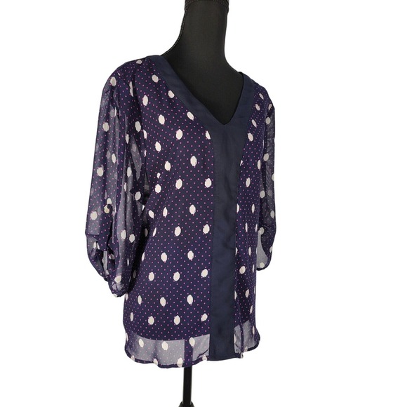 Ivestments‎ Polka Dot Blouse Sheer 3/4 Sleeve V-Neck Top Size PL - Picture 3 of 8